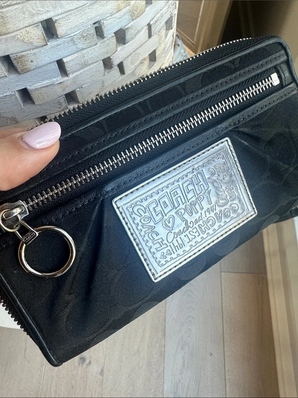 Coach Black Signature Wristlet with Silver Plaque